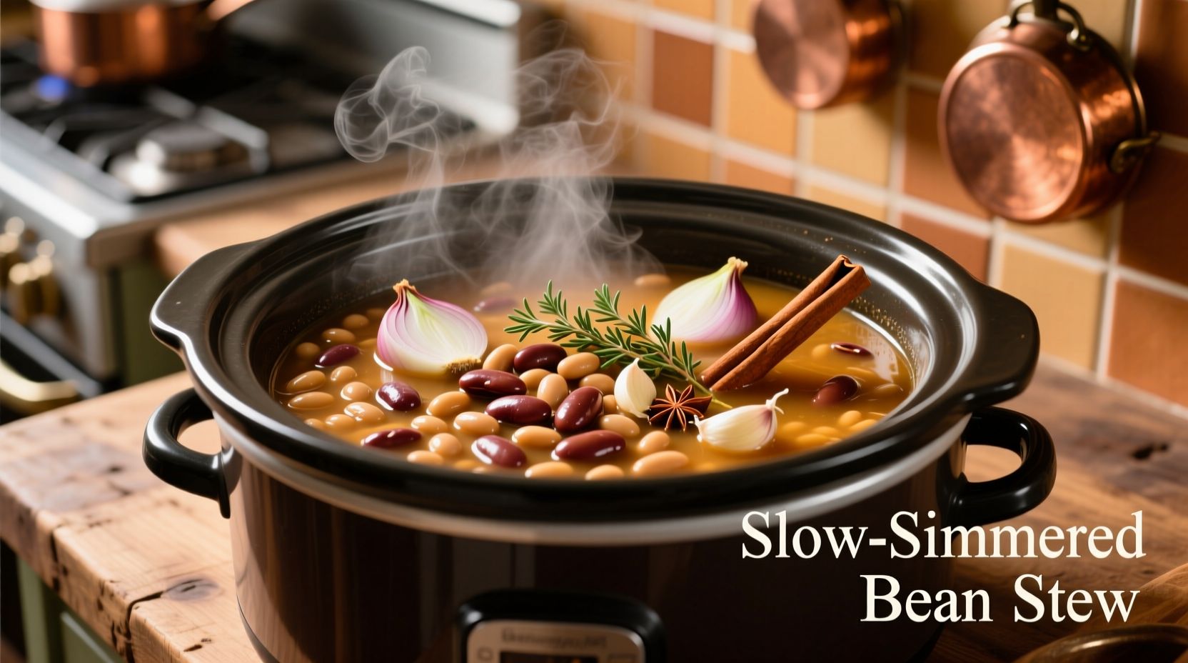 Slow cooker filled with soaked beans and aromatics