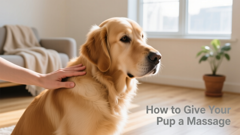 Close-up of a person gently massaging a calm, seated golden retriever’s shoulder with open palms