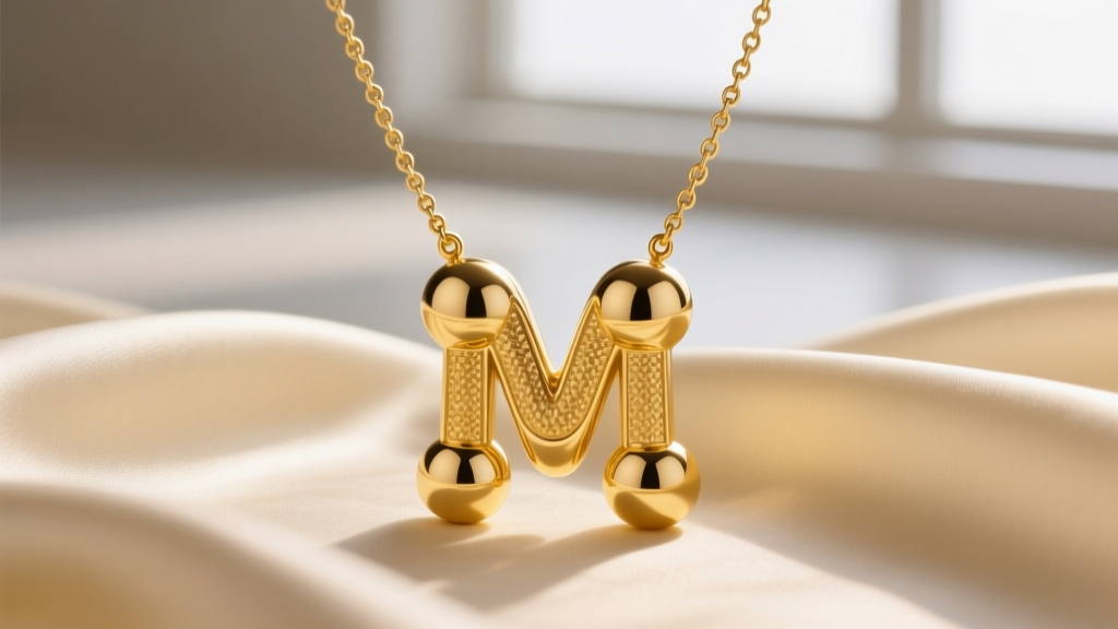 Close-up of a 14k yellow gold bubble letter necklace on cream silk, showcasing a 3D puffy initial M in soft natural light