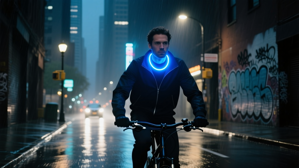 A cyclist wearing a modified blue Nite Ize NiteHowl Max LED safety necklace over a dark jacket during a nighttime urban ride