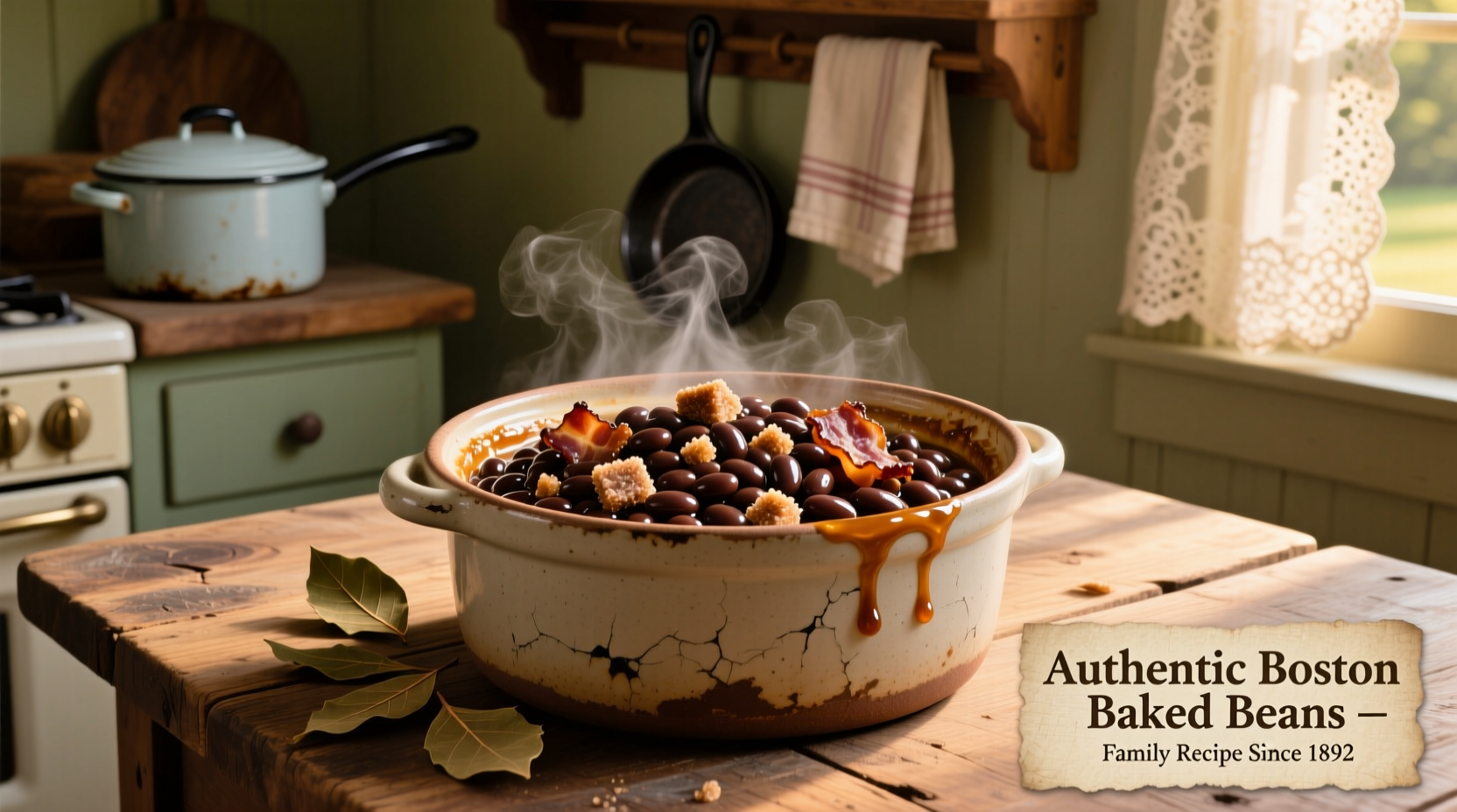 Authentic Boston baked beans in traditional crock