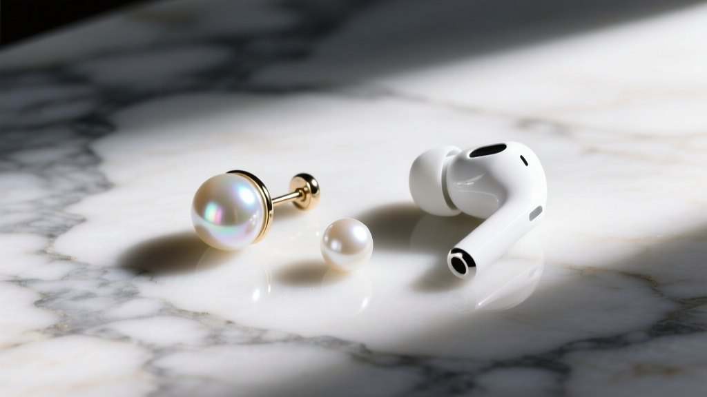 Flat lay of a pearl audio earring beside a traditional Akoya pearl stud and a white wireless earbud on a veined marble surface.
