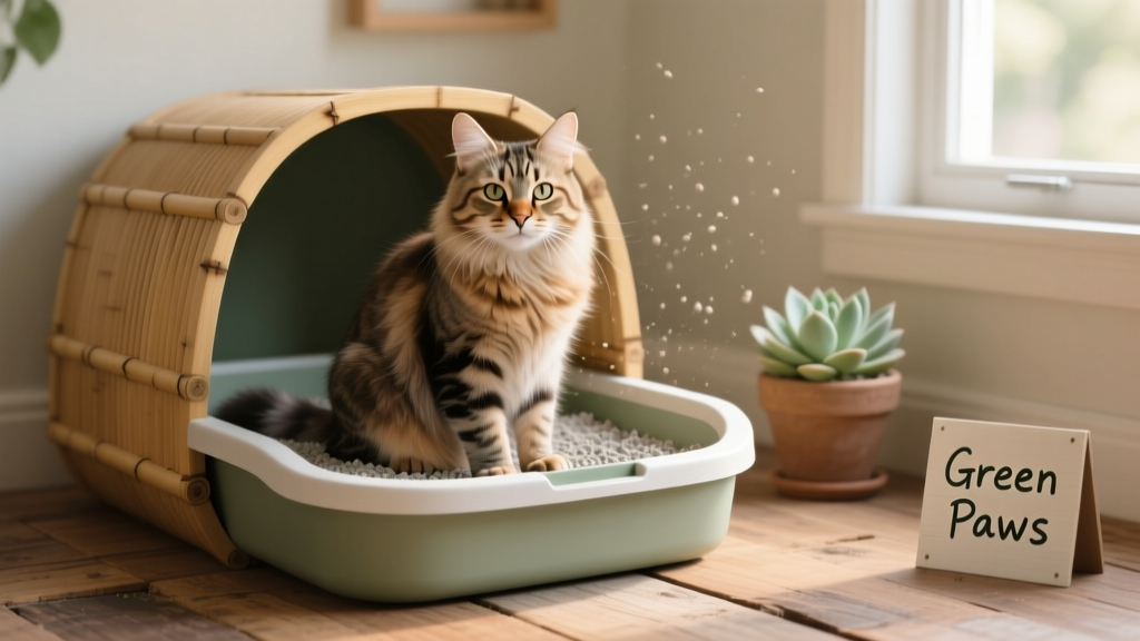 a long-haired tabby cat sitting in and looking out of an enclosed litter box filled with natural, light-colored litter