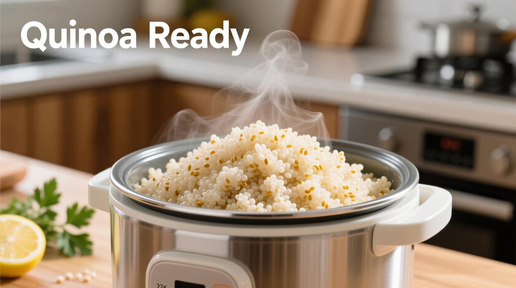 Fluffy cooked quinoa in rice cooker bowl