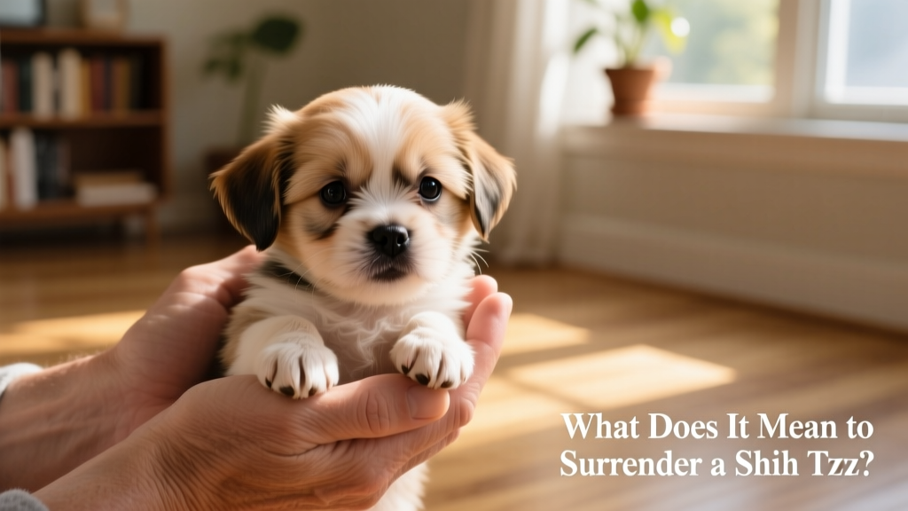 Two hands gently holding a Shih Tzu puppy, symbolizing care and transition