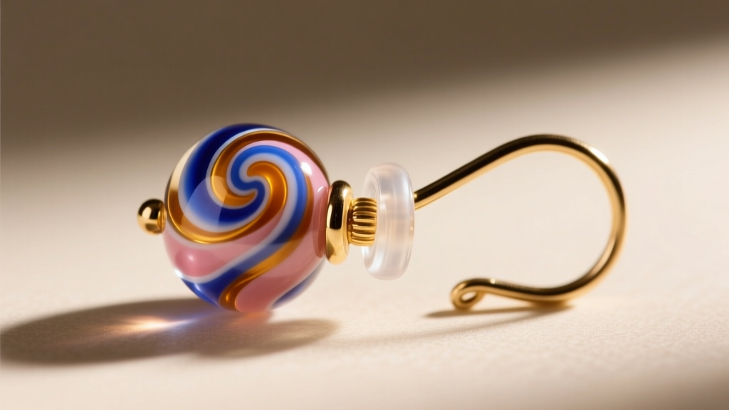 Macro shot of a 20-gauge gold-filled leverback ear wire holding a heavy lampwork glass bead with a clear rubber earring clutch