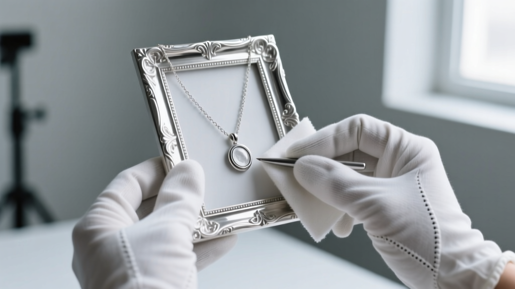 Gloved hands gently polishing a sterling silver picture necklace frame with a microfiber cloth and specialized silver polish.