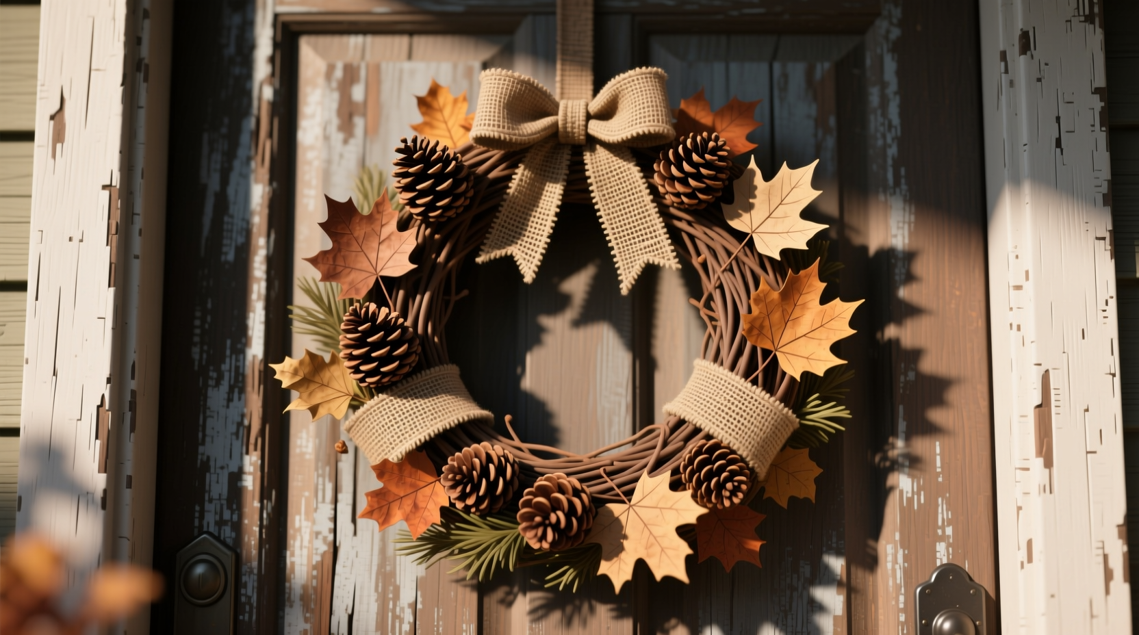 Close-up of a rustic fall wreath made from pinecones, dried leaves, and burlap strips on a wooden door