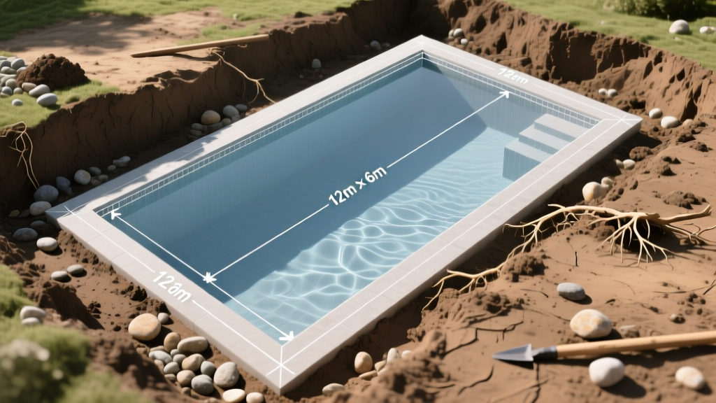 Top-down architectural blueprint of a rectangular inground swimming pool with dimensions marked, overlaid on freshly excavated earth