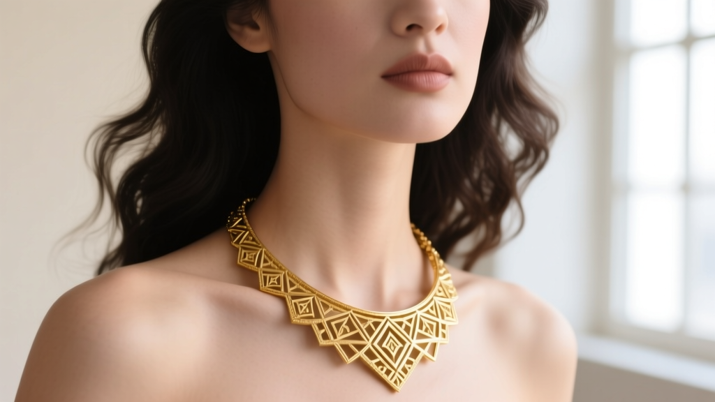 Structured gold shoulder necklace resting on a model's clavicle under dramatic studio lighting, high fashion editorial photography
