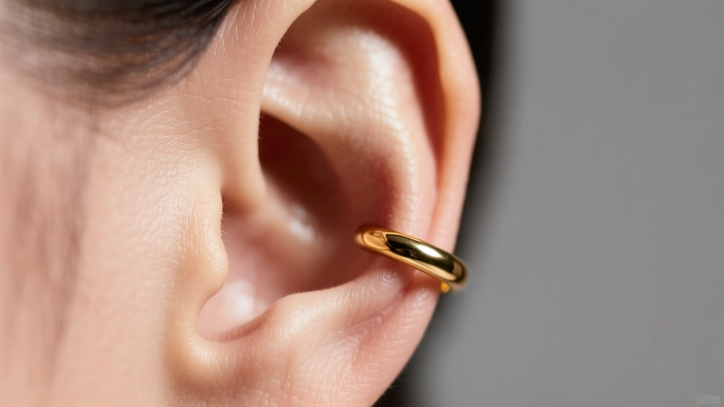 Macro photo of a human earlobe showing slight tissue elongation around an 18-gauge gold hoop earring under soft studio lighting