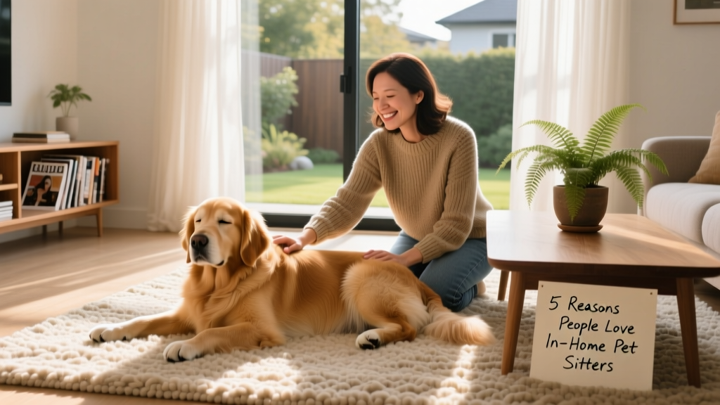 A relaxed golden retriever resting on a sunlit living room rug beside a smiling pet sitter