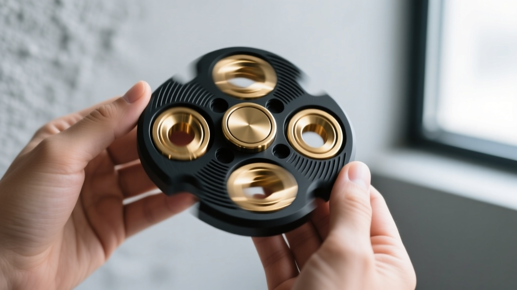 Hands holding a fully assembled 3D printed cycloidal drive fidget spinner with brass bearings and matte black PLA housing spinning