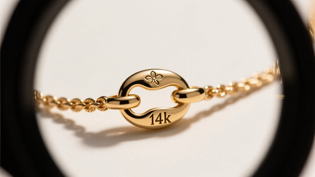 Loupe view of a pikake necklace clasp showing the 14k hallmark and a secure lobster claw mechanism on a delicate rope chain