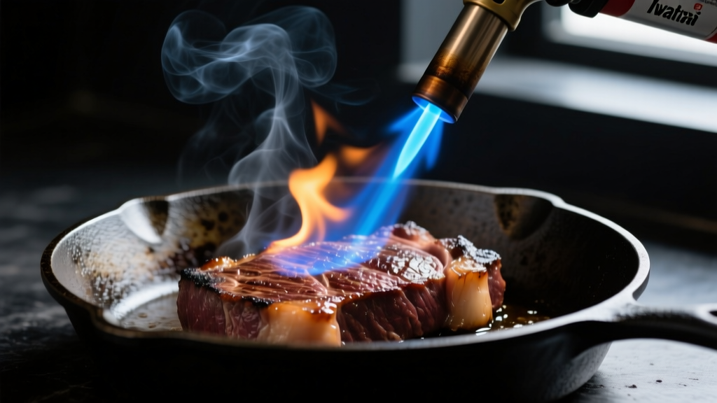 Iwatani culinary blowtorch searing a sous-vide steak in a cast iron skillet, moody background highlighting the intense blue flame.