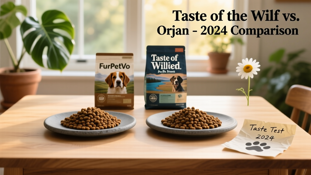Side-by-side comparison of FurPetVo Original and Taste of the Wild Pacific Stream dry kibble in clean, natural lighting