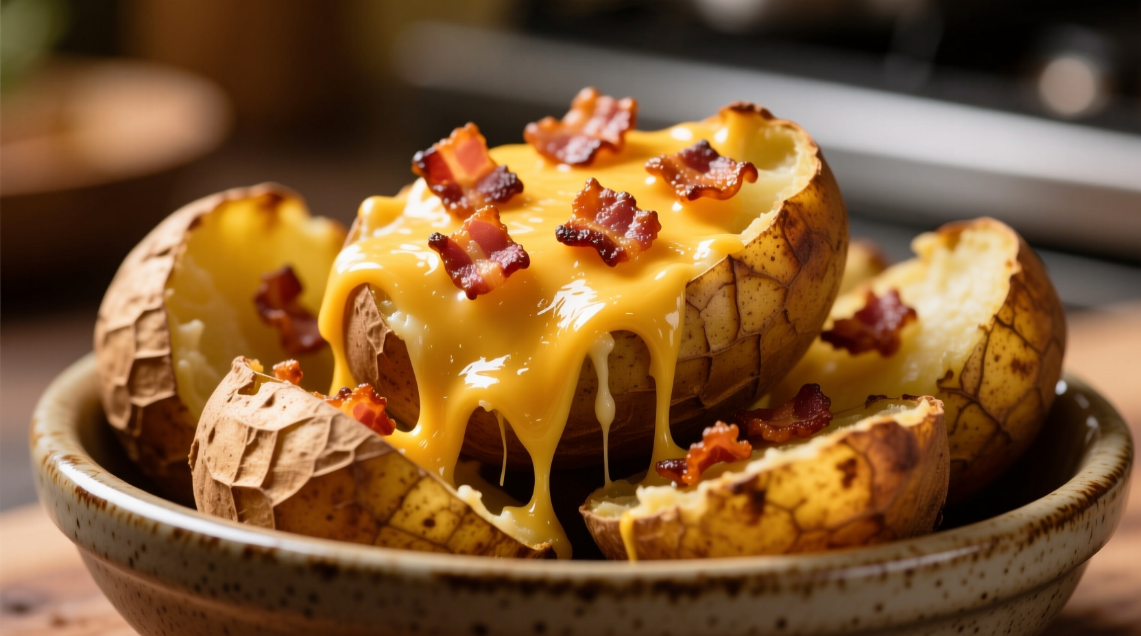 Golden brown potato skins with melted cheese and bacon