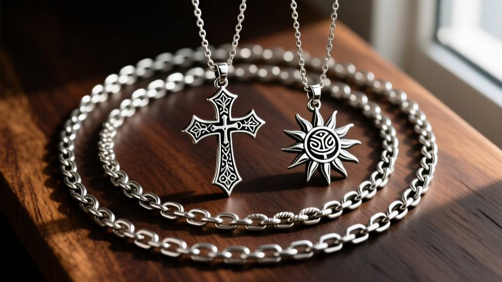 Flat lay of three layered stainless steel chains with gothic cross and tribal sun pendants resting on a dark oak wood background