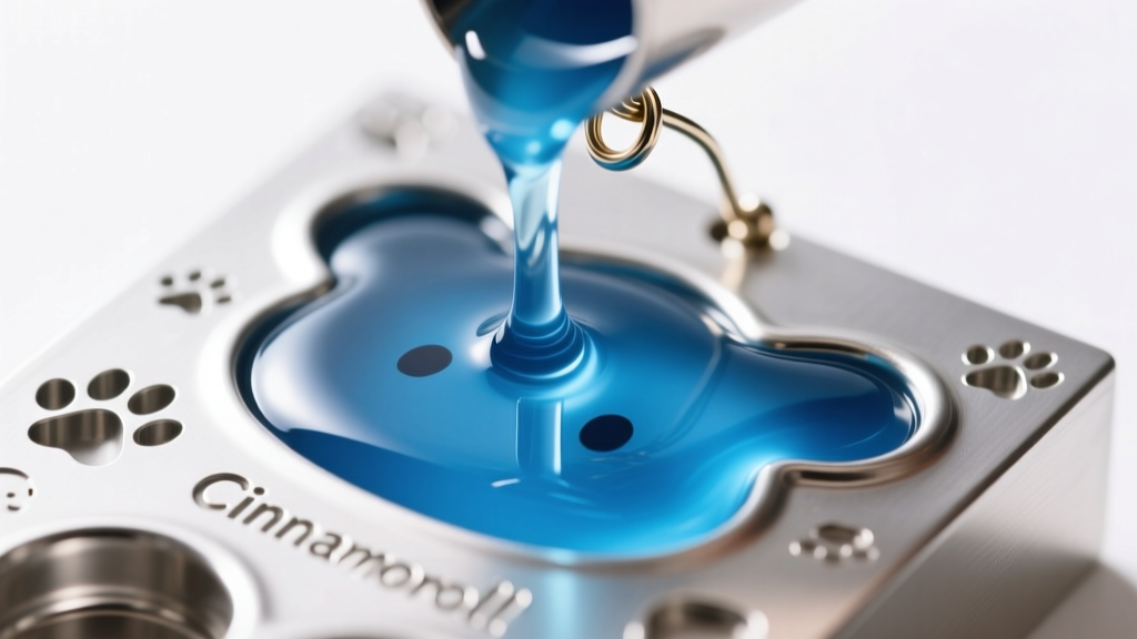 Macro shot of glossy blue epoxy resin enamel filling a stamped metal Cinnamoroll earring mold, showing the smooth meniscus edge