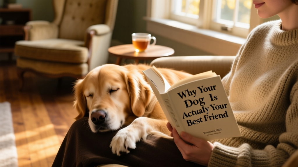 A golden retriever resting its head gently on a person's lap while they read a book