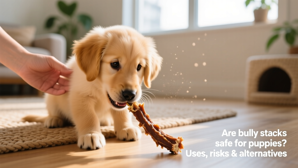 A young puppy carefully chewing a bully stick under supervision