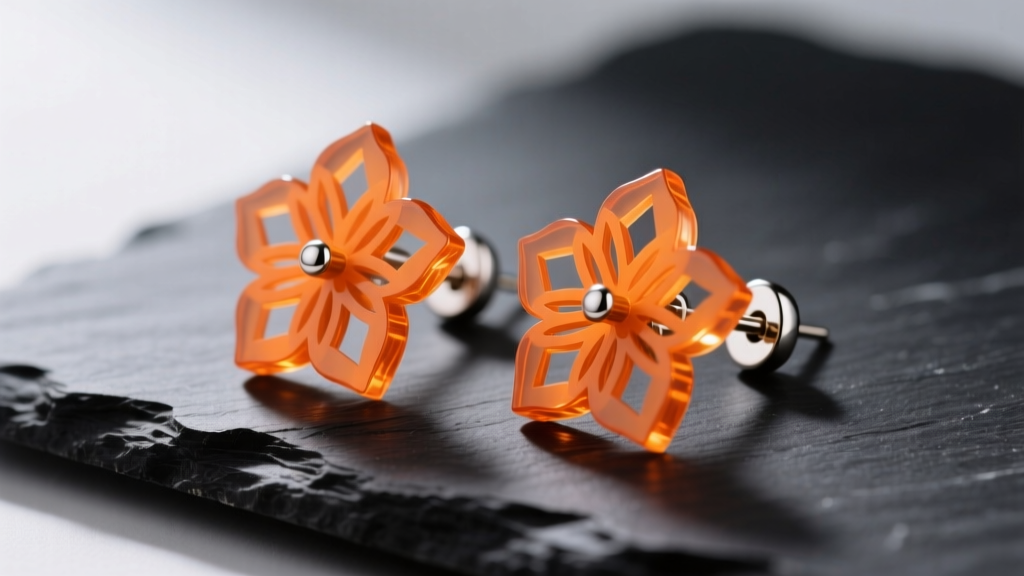 Macro shot of laser-cut translucent orange acrylic flower earrings with titanium posts on black slate under soft lighting.