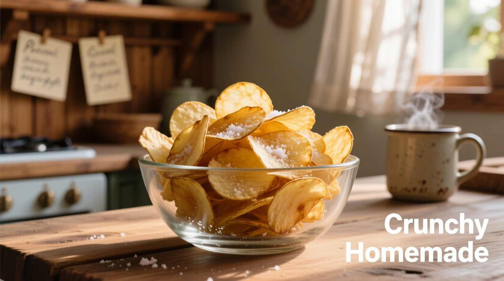Homemade golden potato chips in a glass bowl