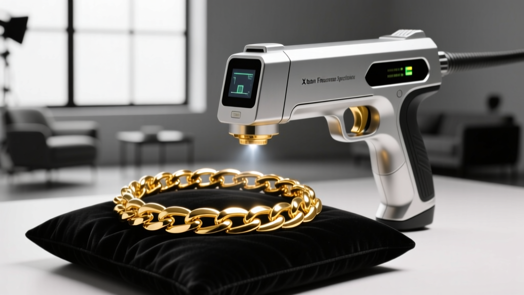 Modern digital X-ray fluorescence spectrometer gun scanning a thick Cuban link gold necklace on a jeweler's velvet display pad.