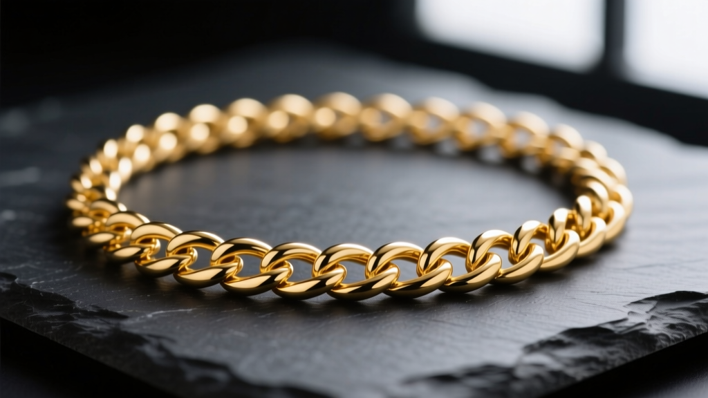 Macro shot of tangled 18k gold singapore chain necklace on dark slate, highlighting intricate twisted links catching soft light