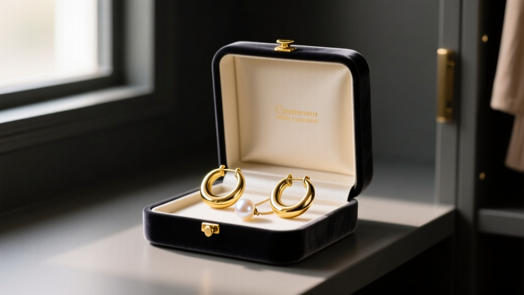 Open anti-tarnish velvet box holding gold vermeil hoops and a pearl pendant, stored in a dark, climate-controlled closet.