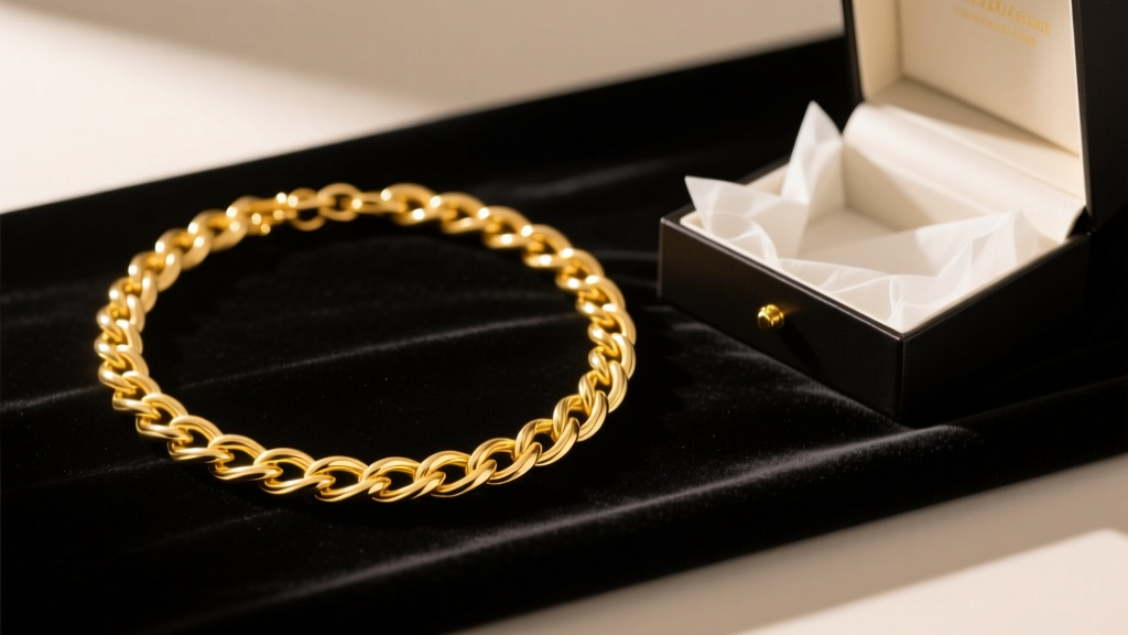14k yellow gold rope necklace resting on dark velvet next to an open gift box, lit by soft warm directional studio lighting