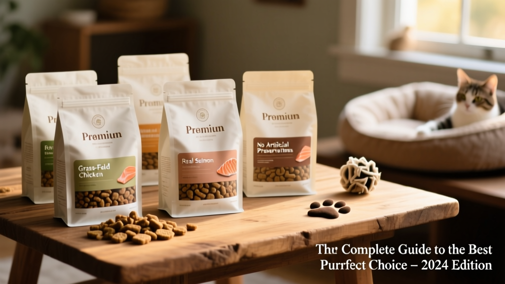 Assortment of premium dry cat food bags featuring clean branding, natural ingredient callouts, and visible kibble texture