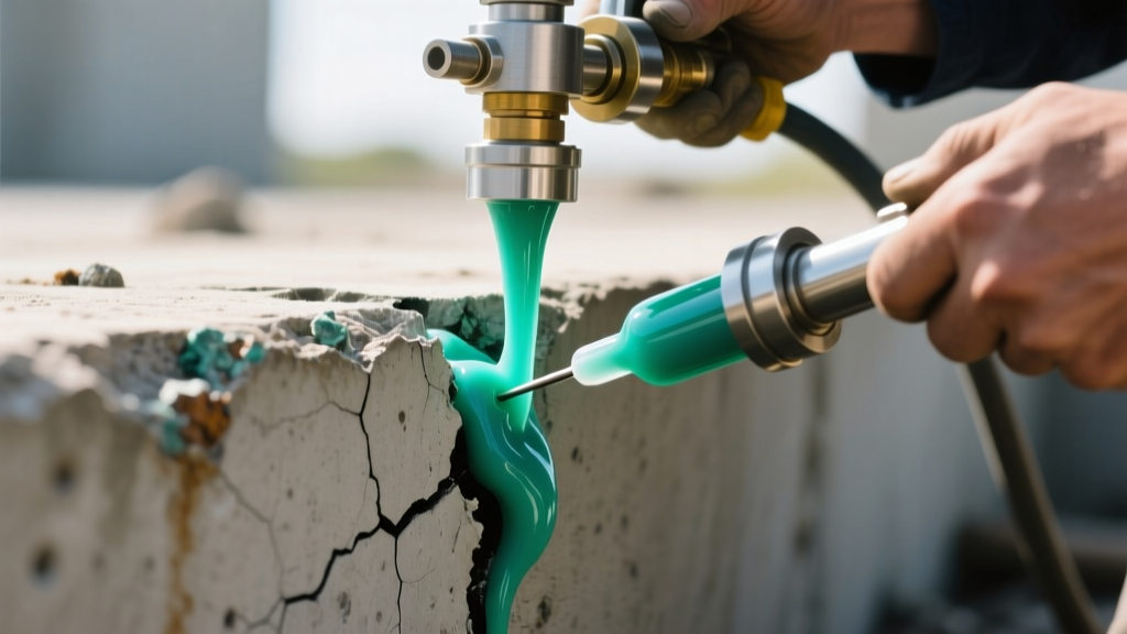 Close-up of a technician injecting expanding polyurethane resin into a vertical concrete foundation crack using a high-pressure port system.