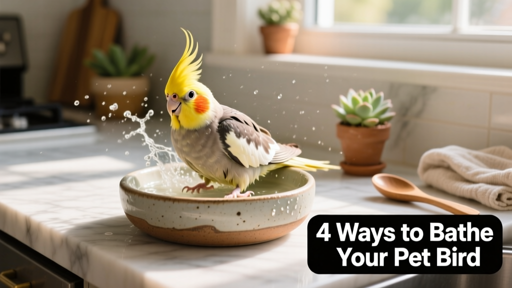 A cheerful cockatiel splashing in a shallow ceramic bird bath on a sunlit countertop