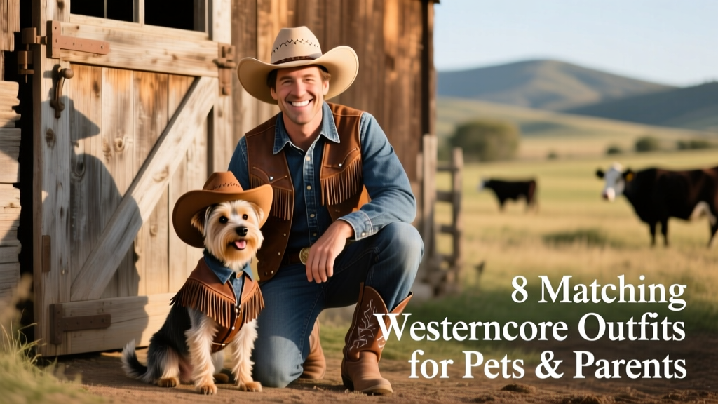 A small terrier and their owner dressed head-to-toe in matching cowboy costumes, smiling in front of a barn door