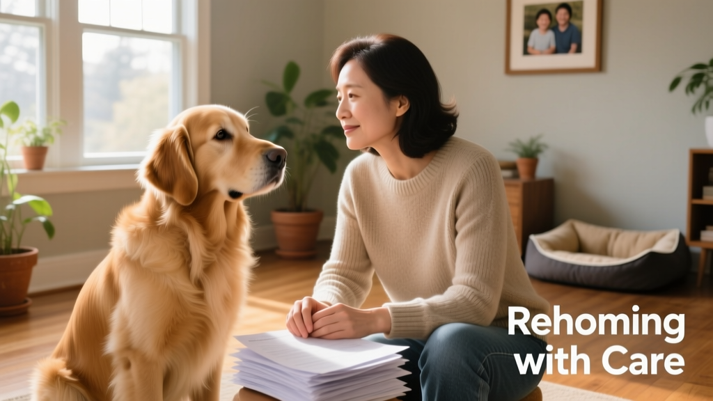 A calm, well-cared-for dog sitting beside a thoughtful pet parent looking at adoption paperwork together