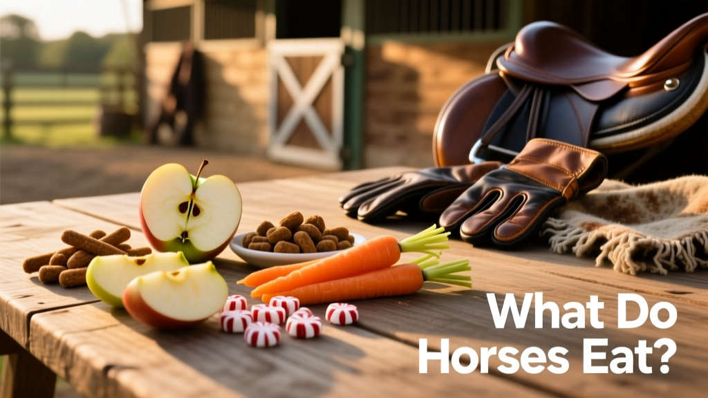 Assortment of horse-safe treats including apple slices, carrot sticks, and peppermint bits on a clean surface