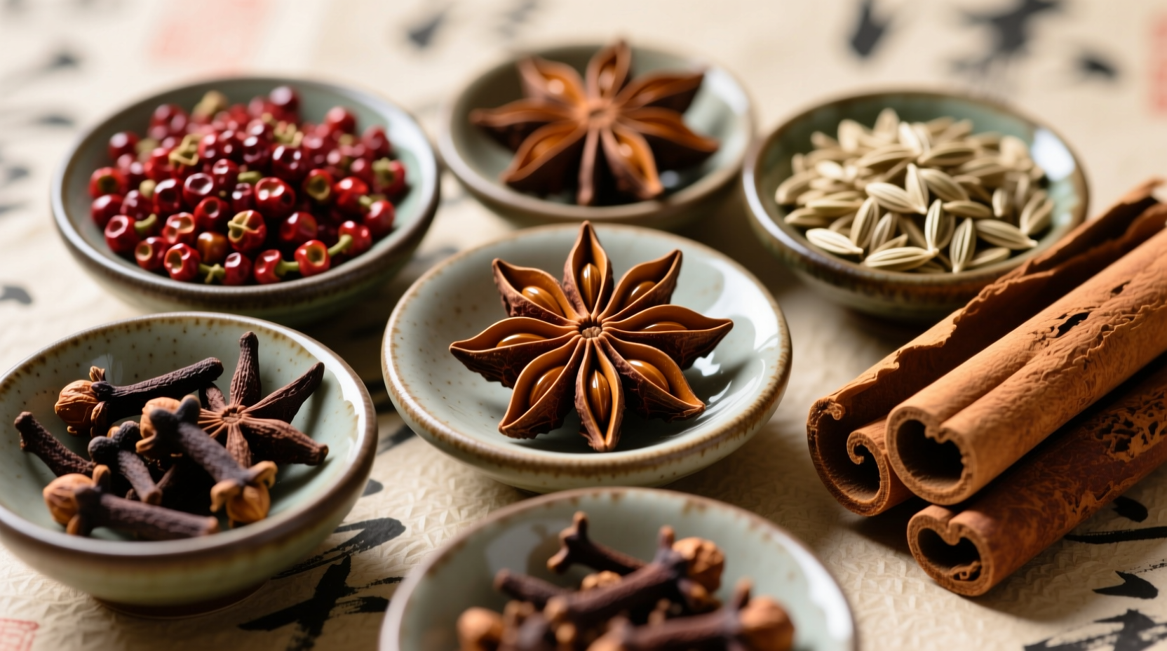 Close-up of Chinese five-spice ingredients in bowls