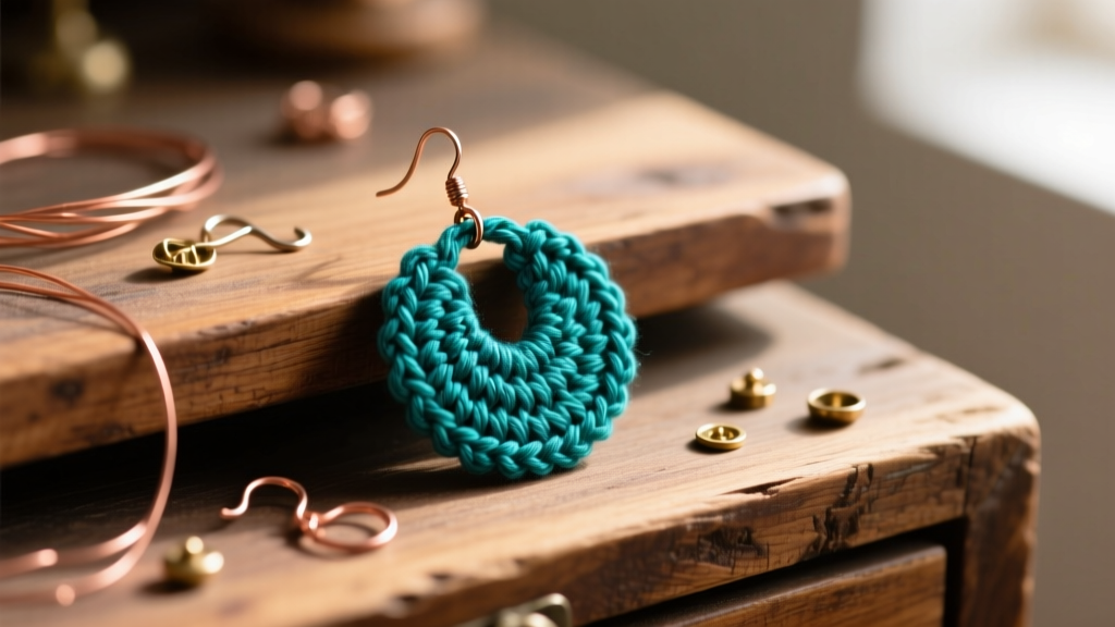 Close-up of a teal mercerized cotton crochet earring resting on a rustic wooden jewelry desk with scattered copper wire and hooks.