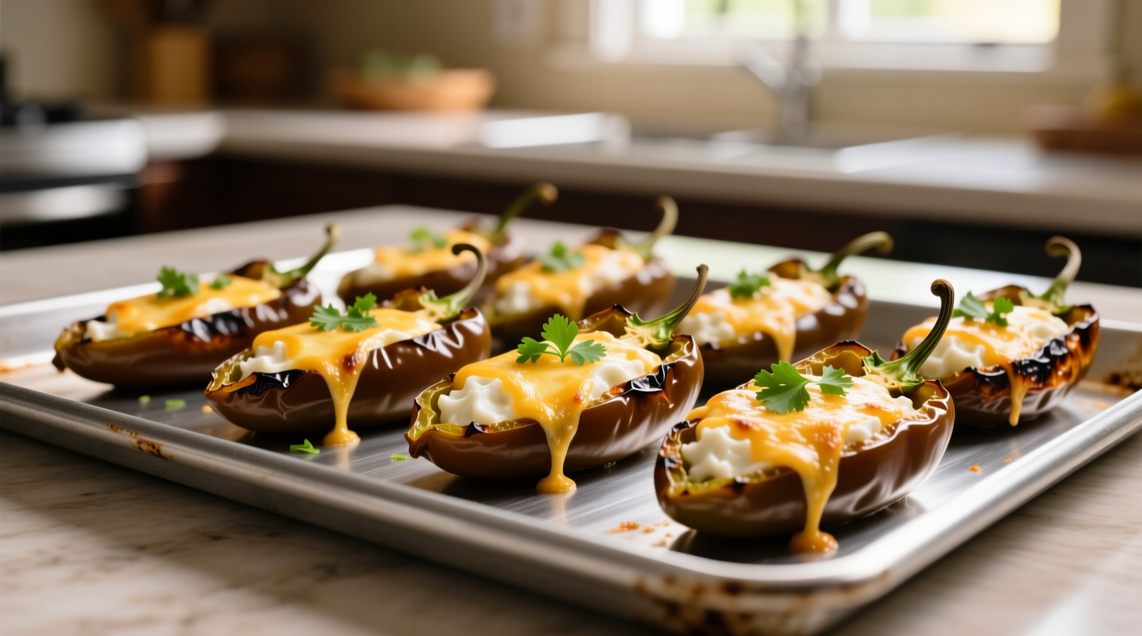 Golden brown jalapeño poppers on baking sheet