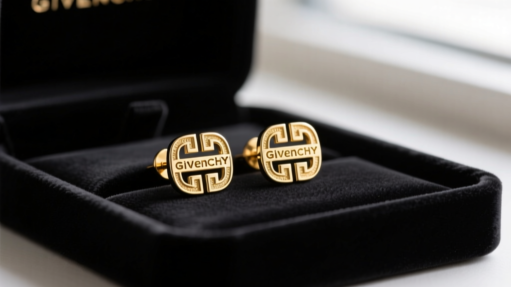 Macro photography of authentic Givenchy 4G gold-tone brass logo stud earrings resting on a black velvet jewelry display tray