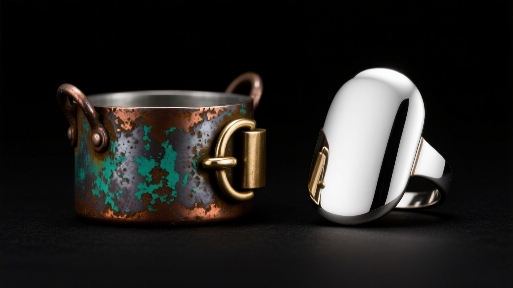 An oxidized zinc pot metal jewelry clasp next to a pristine high-tin pre-war pewter casting under bright studio lighting.