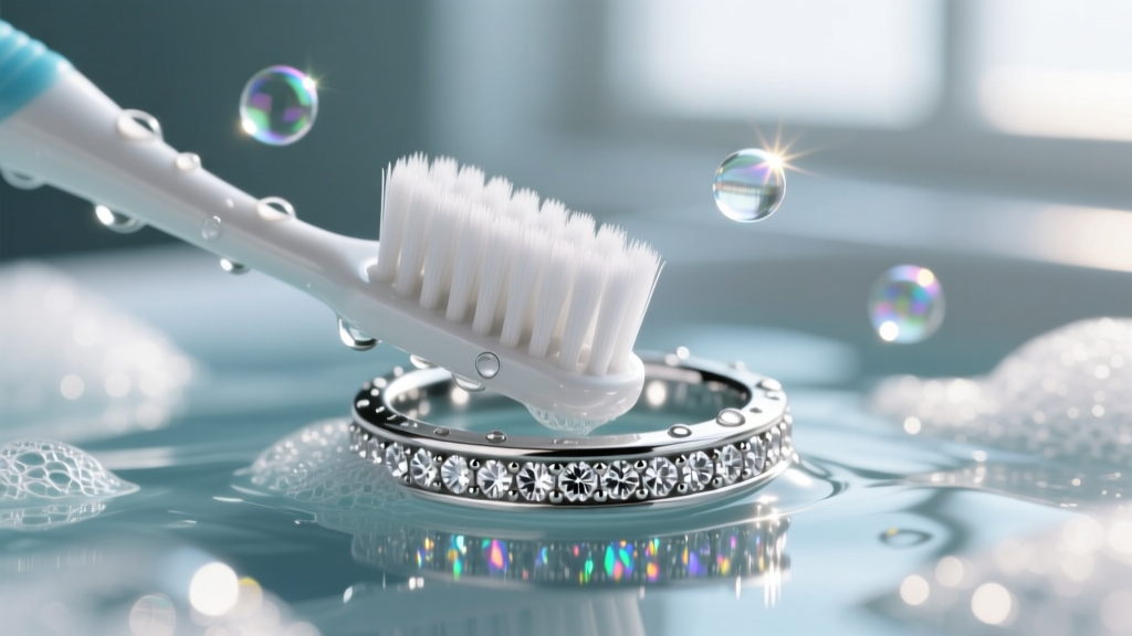 Close-up of an ultra-soft toothbrush gently scrubbing pavé diamonds on a platinum ring submerged in a sudsy cleaning solution