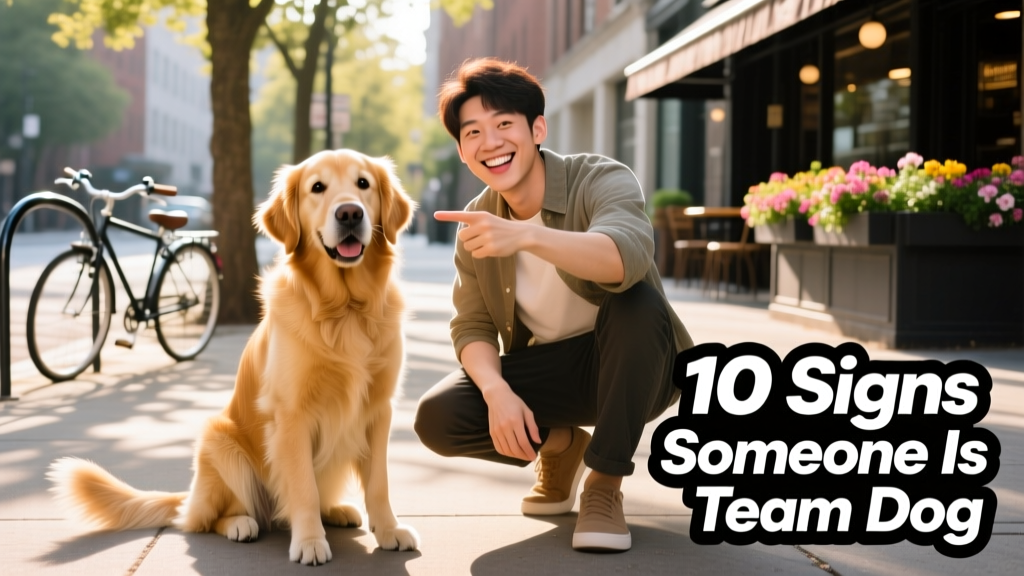 A joyful person pointing toward a friendly golden retriever on a sidewalk