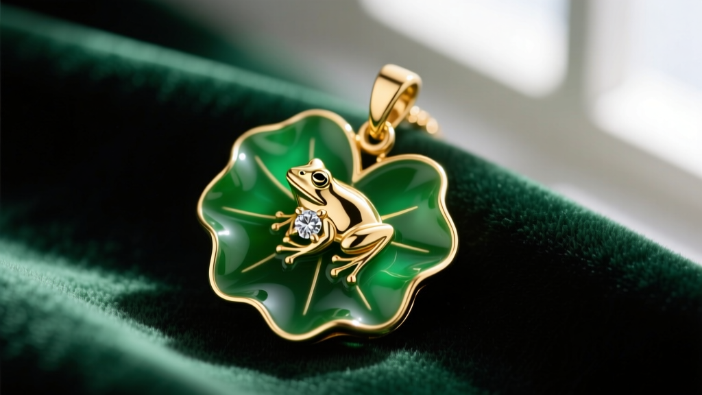 Macro shot of 14k gold lily pad pendant with rich green vitreous enamel and diamond frog silhouette on dark emerald velvet cloth.