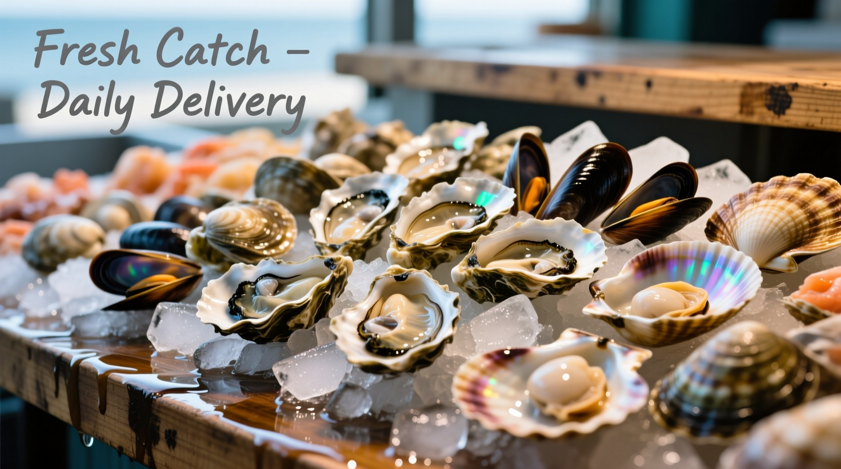 Variety of shellfish on ice display