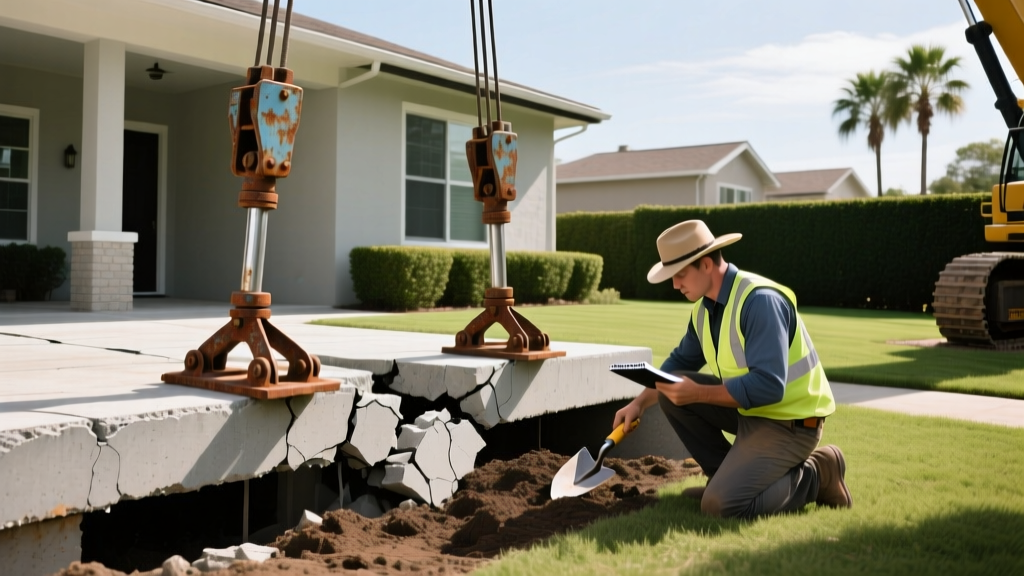 Heavy-duty hydraulic jacks lifting a cracked concrete slab foundation in a suburban Texas home while a structural engineer inspects the soil.