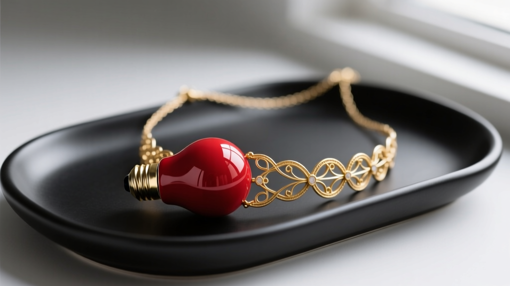 Ruby red vitreous enamel xmas light bulb necklace with gold cloisonne wire work, displayed on a matte black ceramic jewelry tray.