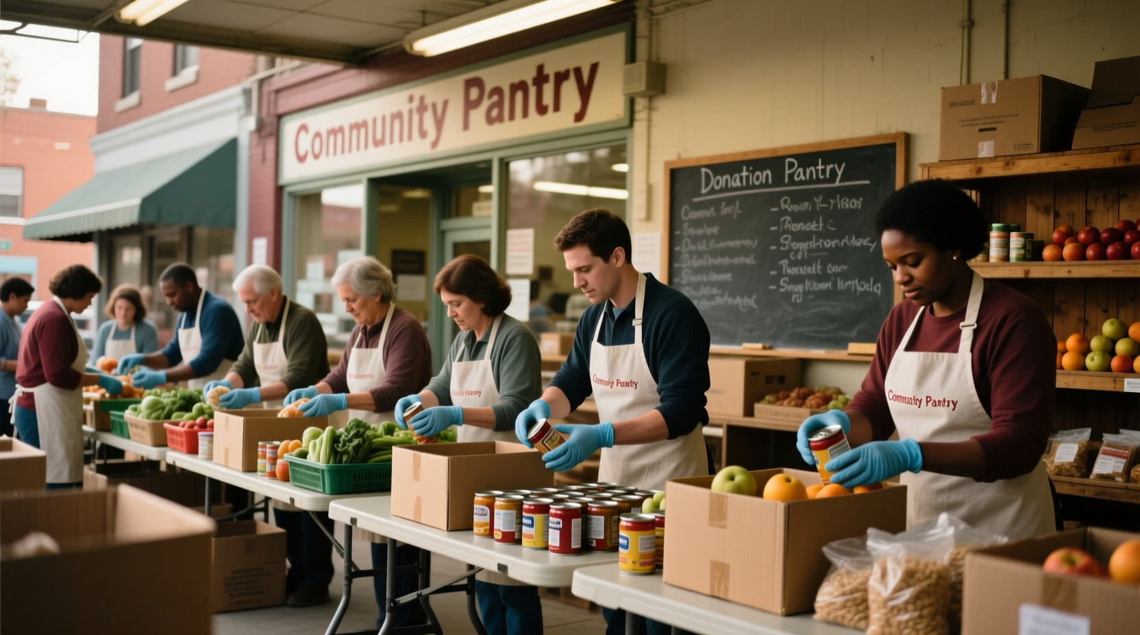 Volunteers sorting food donations at community pantry