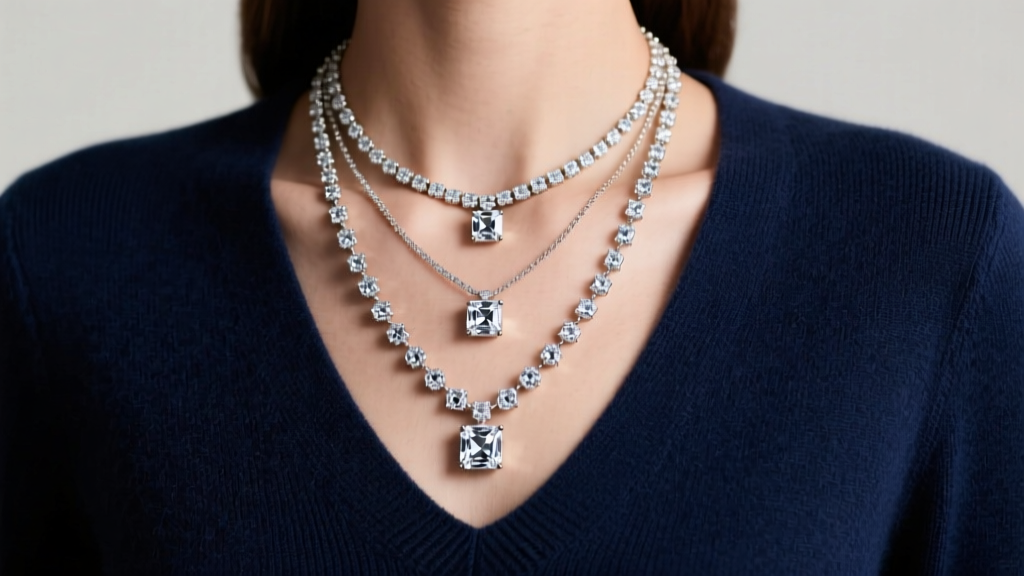 Layered Lauren Ralph Lauren necklaces with cubic zirconia pendants at varying lengths over a navy V-neck sweater in soft light